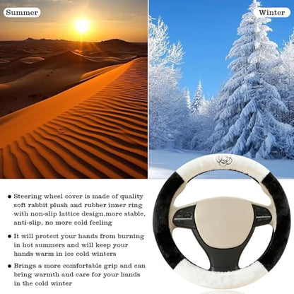 Camellia Flower Plush Steering Wheel Cover, Universal 14.5-15 Inch Winter Plush Warm Steering Wheel Cover, Soft Fluffy, Anti-Slip Design, Soft Texture (Black+White) - color: Camellia Flower