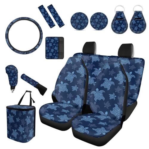 Forchrinse Blue Sea Turtle Car Seat Covers - 15Pc Auto Interior Set with Steering Wheel, Armrest, Seatbelt Pads, Car Garbage Can, Coaster, Handbrake Gearshift Covers - Fit for SUVs & Trucks - color: Blue Sea Turtle