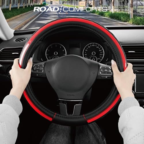 Road Comforts Leather Steering Wheel Cover – Black & Red Universal Fit 14.5-15 Inch, Microfiber Leather, Anti-Slip & Breathable Design for Men and Women - color: Red