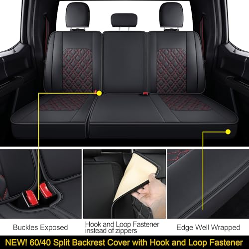 LUCKYMAN CLUB F150 Full-Set Seat Covers J03-Q3 with Waterproof Faux Leather, Fit 2015-2025 Ford F150 and 2017-2025 F250 F350 F450 (Full Set, Black-Red) - color: Black&Red, size: Full Set