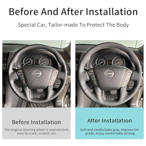 Steering Wheel Cover Hand-Stitch on Black Leather Protector Wrap for Nissan Frontier 2022-2025 Nissan Armada/Nissan NV Cargo/Nissan Titan/Patrol 2013-2022 Infiniti QX80 2014-2022