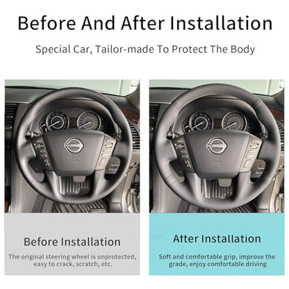 Steering Wheel Cover Hand-Stitch on Black Leather Protector Wrap for Nissan Frontier 2022-2025 Nissan Armada/Nissan NV Cargo/Nissan Titan/Patrol 2013-2022 Infiniti QX80 2014-2022