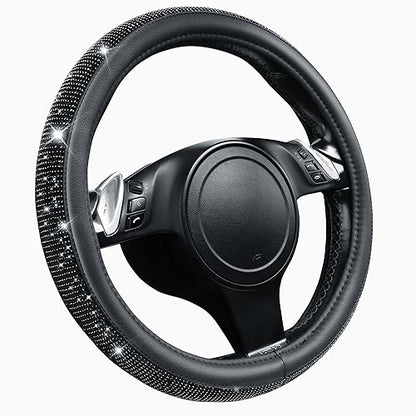 CAR PASS Bling Diamond Leather Steering Wheel Cover, With Sparkly Crystal Glitter Rhinestones Universal Fit 14"1/2-15" Car Wheel Protector for Women Girl Fit Suvs,Vans,Sedans,Car,Trucks, Black Diamond - color: Black Diamond on Velvet