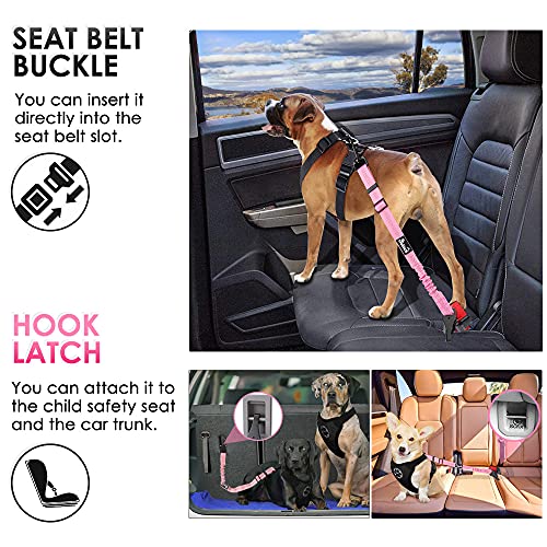 SlowTon Dog Seat Belt for Car, Adjustable 3 in 1 Dog Seatbelt with Elastic Bungee Buffer, Nylon Heavy Duty Dog Car Harness Reflective Safety Tether Leash with Latch Hook Clip Pink - color: Pink
