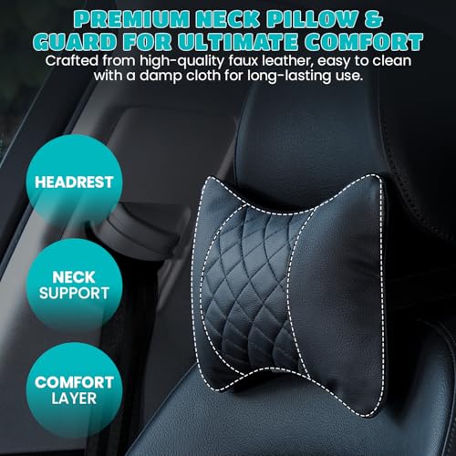 Set of 2 Quilted Faux Leather Car Headrest Pillow, Black Case/Black Threading, Ergonomic Neck Support for Comfortable Driving