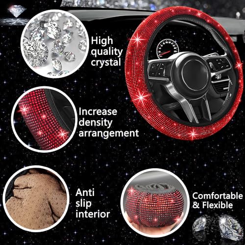 NBTEPEM 27 PCs Red Bling Car Accessories Set for Women, Steering Wheel Covers Universal Fit 15 Inch, Bling License Plate Frame, Bling Phone Holder, Bling Car Coasters (Red Diamond) - color: Red Diamond