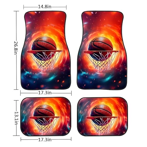 Basketball Print Car Floor Mats Set of 4 Abstract Fire Sports Ball Universal Vehicle Floor Carpet Decorative Auto Front Rear Foot Rugs for Trucks SUV Sedan