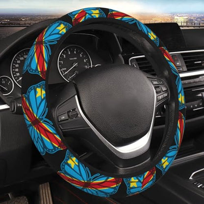 Butterfly Congolese Flag Breathable Neoprene Steering Wheel Cover - Anti-Slip Floral Design Universal Fit for Cars/Trucks/Suvs (14.5"-15" Inch) - color: Butterfly Congolese Flag