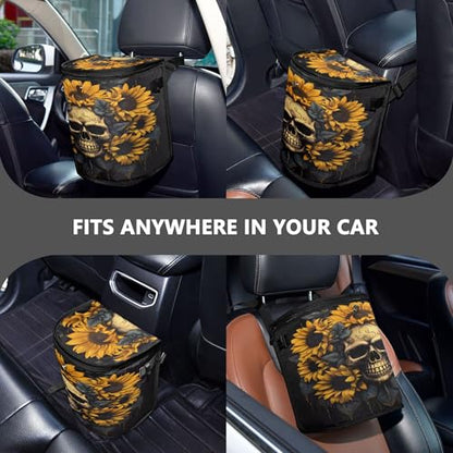 MNSRUU Car Trash Can with Lid, Skull and Sunflower Car Trash Bag Hanging Organizers and Storage for Front Back Seat, Leak-Proof Trash Bin - color: Skull I1101