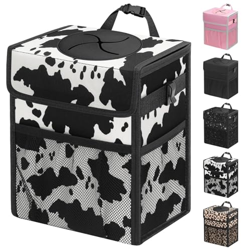 Capolo Car Trash Can with Lid, Leakproof Car Trash Bag Hanging Waterproof Automotive Garbage Can with Storage Pockets Mini Vehicle Trash Bin for Back/Front Seat(Cow Print,3 Gallon) - color: Cow Print, size: 3 Gallons