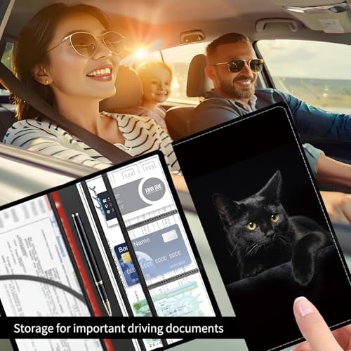 Premium Car Registration and Insurance Card Holder, Cute PU Leather Car Document Holder, Vehicle Glove Box Car Organizer with Magnetic Closure for Driver License, Cards Black Cats - color: Black Cats