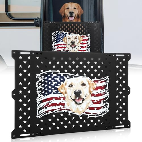 18" Adjustable RV Screen Door Protector for Dogs, Aluminum RV Screen Door Guard Grille, Fits 22"-31.5" Wide Camper Entry Doors Pet Scratch Shield Barrier with USA Flag Dog Head and Star Design