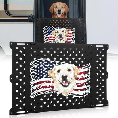 18" Adjustable RV Screen Door Protector for Dogs, Aluminum RV Screen Door Guard Grille, Fits 22"-31.5" Wide Camper Entry Doors Pet Scratch Shield Barrier with USA Flag Dog Head and Star Design