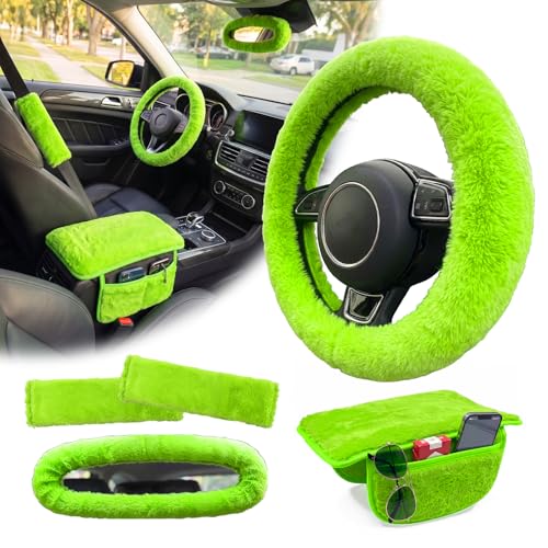 5 Pcs Fuzzy Green Car Accessories Set, Soft Fluffy Plush Steering Wheel Cover, Center Console Armrest Pad & Rearview Mirror Cover - Interior Decorations for Women,Universal Fit (Green) - color: Green