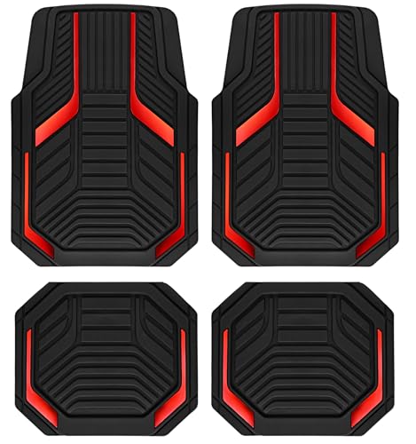 PIC AUTO Heavy Duty Rubber Floor Mats, Red Aluminum Film Car Mats Set, Front and Rear Car Mats with Anti-Slip Backing, All Weather Protection, Trim-to-Fit for Automotive SUV, Sedan, Van - color: Red