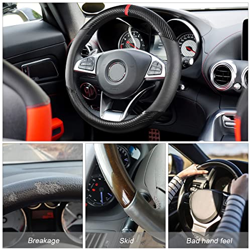Carbon Fiber Steering Wheel Cover, Universal 15 inch Breathable Anti Slip, Black, Leather & Carbon Fiber, Truck & SUV, Automotive Steering Wheel Covers