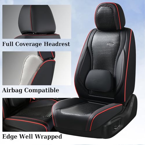 Coverado Seat Covers, Car Seat Covers Front Seats, Waterproof Nappa Leather Auto Seat Cover with Lumbar Head Pillow, Black Redline Seat Covers Carseat Cover Universal Fit for Most Cars - color: Redline（Pillow）, size: Front