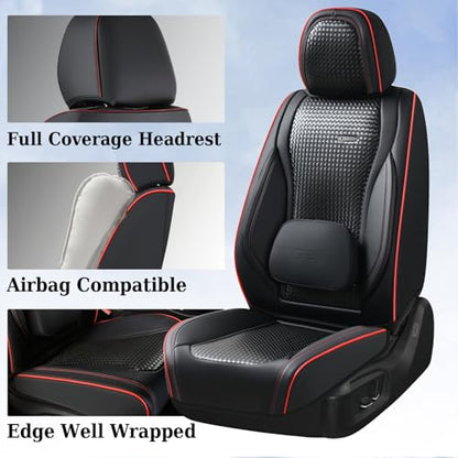 Coverado Seat Covers, Car Seat Covers Front Seats, Waterproof Nappa Leather Auto Seat Cover with Lumbar Head Pillow, Black Redline Seat Covers Carseat Cover Universal Fit for Most Cars - color: Redline（Pillow）, size: Front