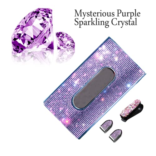 Car Visor Tissue Box Holder, Bling Crystals PU Leather Napkin Holder, Glitter Car Visor Accessories with Sparkly Mask Hook Clip for Women, Gift for Christmas Thanksgiving (Purple 4 pcs)
