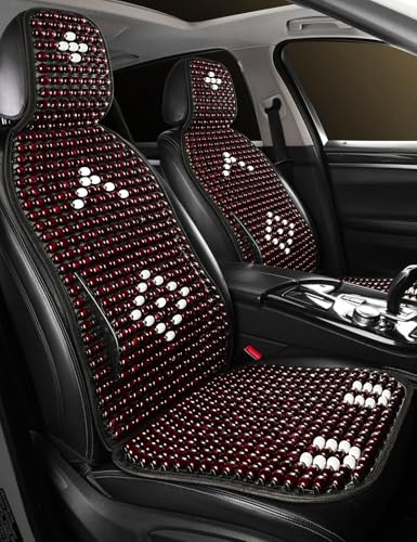 Wood Beaded Car Seat Cover Massaging Breathable Cooling Wine Red Real Wood Bead Cushion Universal Fit for Sedan, SUV & Truck. The Ergonomic Lumbar Support Can Relieve Painful from Long Trips