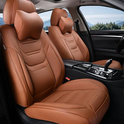 TIEHESYT Car Seat Covers Full Set, Breathable Leather Automotive Front and Rear Seat Covers & Headrest for Reduce The Driving Fatigue, Compatible with Most Vehicles, Cars (Brown, Front Pair) - color: Mature Brown, size: Front Pair