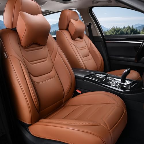 TIEHESYT Car Seat Covers Full Set, Breathable Leather Automotive Front and Rear Seat Covers & Headrest for Reduce The Driving Fatigue, Compatible with Most Vehicles, Cars (Brown, Front Pair) - color: Mature Brown, size: Front Pair
