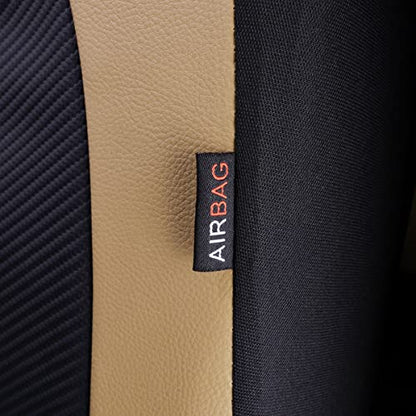 Flying Banner car seat Covers Protects Water Proof Faux Leather Carbon Fiber Front and Rear Bench (Black Beige, Full Set - 8PCS) - color: Black Beige, size: Full Set -- 8PCS
