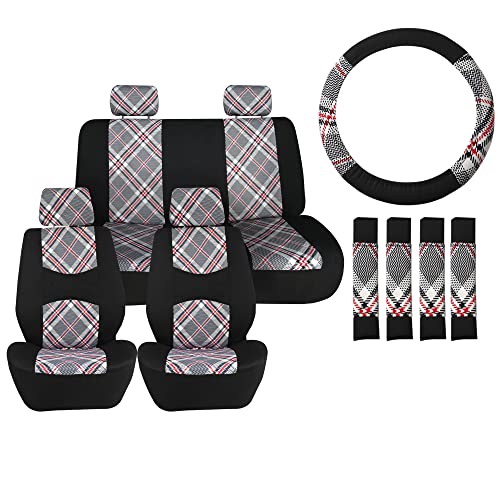 FH Group Car Seat Covers Full Set Plaid Print Cloth - Universal Fit Automotive Seat Covers, Low Back Front Seat Covers, Solid Back Seat Cover, Washable Car Seat Cover for SUV, Sedan, Van Beige - color: Beige, style: Full Set Combo