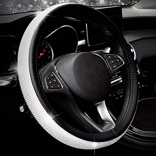 New Diamond+Leather Steering Wheel Cover,Bling Crystal Rhinestones Steering Wheel Cover Universal Fit 15" Car Wheel Protector for Women Girls (Black Leather+White Diamond) - color: black leather+white Diamond