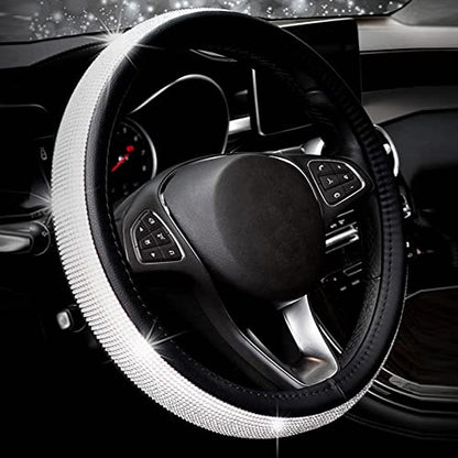 New Diamond+Leather Steering Wheel Cover,Bling Crystal Rhinestones Steering Wheel Cover Universal Fit 15" Car Wheel Protector for Women Girls (Black Leather+White Diamond) - color: black leather+white Diamond