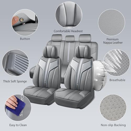 CAR PASS Nappa Leather Seat Covers, Breathable Waterproof Car Seat Covers Full Set, Luxury Leather Front and Back Seats Full Coverage, Universal Fit SUV Pick-up Truck Sedan Automotive(Gray) - color: Gray, size: Full Set Full Coverage