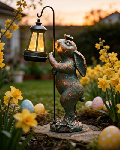 Pohabery Garden Statues Outdoor Bunny with Solar Lantern – Rabbit Yard Decor, Waterproof Resin Figurine Pathway Light for Easter Housewarming Gifts for Lawn & Patio - color: Bunny