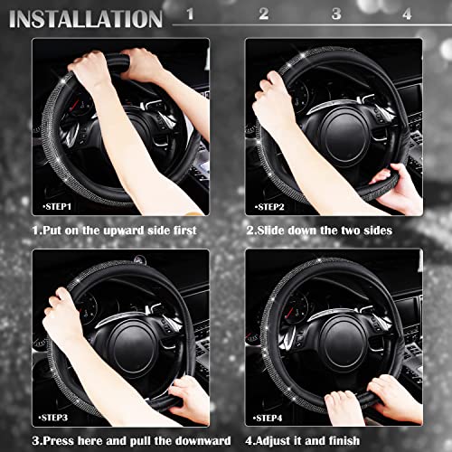 CAR PASS Diamond Black Leather Steering Wheel Cover, with Bling Crystal Rhinestones Universal Fit 14" 1/2-15" Crystal Glitter for Women Sparkle Girl Fit Suvs,Vans,Sedans,Cars,Trucks, White Diamond - color: Black Crystal Holder Silver Diamond