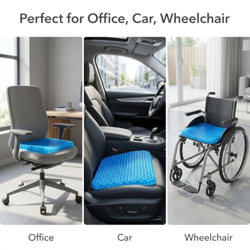 QWORK Gel Seat Cushion, Gel Cushion, Cool & Breathable & Non-Slip for Car, Office, Home, Wheelchair (Blue, 40 x 35 x 3.2 cm)