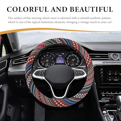 Boho Steering Wheel Cover, 15 Inch Coarse Flax Cloth Ethnic Style Anti-Slip Car Wheel Wrap, Universal Breathable Bohemian Steering Wheel Protector for Cars Vans Trucks (F) - color: F