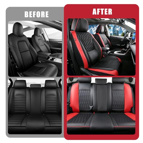 Car Seat Covers , Luxury Breathable Waterproof Faux Leatherette Car Seat Covers Cushion Protectors with Lumbar Support, Car Seat Cushion, Universal Fit Most Cars (Black-Red, Full Set - 5 Seats)