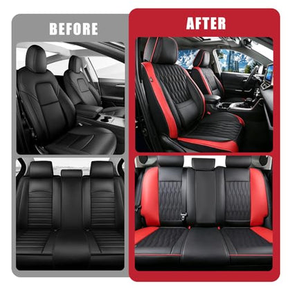 Car Seat Covers , Luxury Breathable Waterproof Faux Leatherette Car Seat Covers Cushion Protectors with Lumbar Support, Car Seat Cushion, Universal Fit Most Cars (Black-Red, Full Set - 5 Seats)