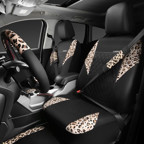 CAR PASS Leopard Print Faux Leather Car Seat Covers & Leopard Car Mats&Leopard Steering Wheel Cover Seat Belt Pad Universal Car Accessories for SUV,Van,Saden,Truck Automobile Interior Sets - color: Leopard combo