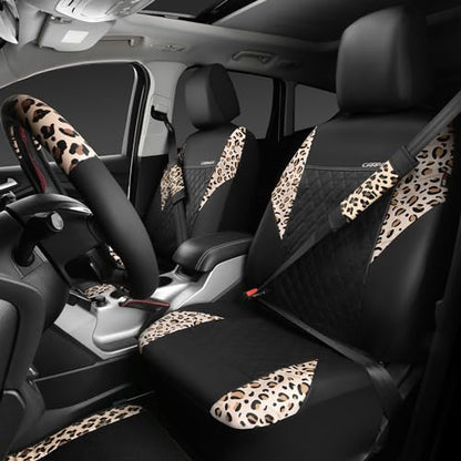 CAR PASS Leopard Print Faux Leather Car Seat Covers & Leopard Car Mats&Leopard Steering Wheel Cover Seat Belt Pad Universal Car Accessories for SUV,Van,Saden,Truck Automobile Interior Sets - color: Leopard combo