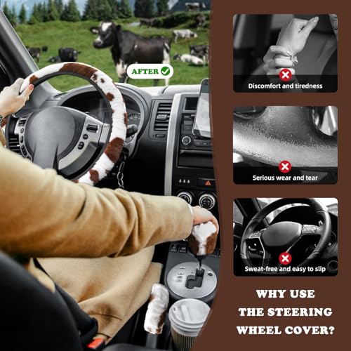 3PCS Cow Print Steering Wheel Cover Plush, Auto Cute Furry Cows Pattern Hand Brake & Shift Gear Covers Universal Soft Warm Car Interior Accessories for Women Men (Brown Cow Print, 15 inch)