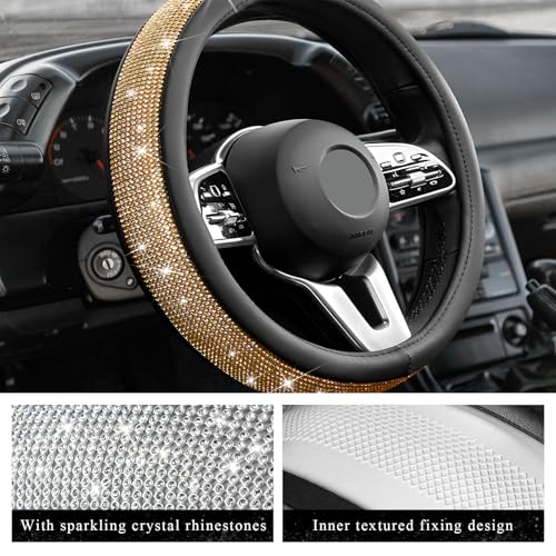 Diamond Leather Steering Wheel Cover, 15 Inch Bling Crystal Rhinestone Anti-Slip Wheel Protector, Universal Sparkling Elegant Diamond Steering Wheels Cover for Women Girl (Golden) - color: Golden