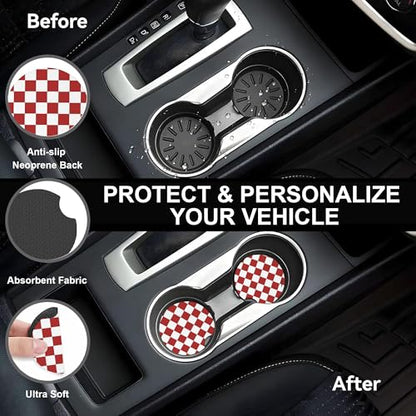 Checkered Steering Wheel Cover,Red White Checkered Universal 15" Elastic Car Steering Wheel Cover with 2 PCS Car Coasters,Anti-Slip Breathable Accessories for Auto,SUVs,Truck - color: Checkered