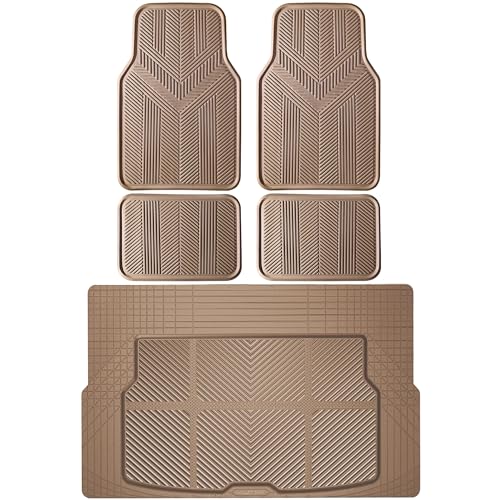 CAR PASS Universal Car Floor Mats & Cargo Liner Full Set, Waterproof Anti-Slip Rubber Trim to Fit Trunk Mats All Weather Protection Fit Car SUV Sedan Coupe Vehicle Automotive 5 Pieces, S-M Size Beige - color: Beige