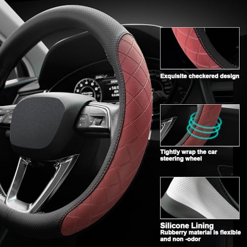 LKWLIKEI Nappa Leather Steering Wheel Cover,Elegant Diamond Checkered Design, Non-Slip wear-Resistant, Enhance Driving Comfort, Suitable for Steering Wheel Diameter 14 1/2‘-15’ Models - color: Black and burgundy
