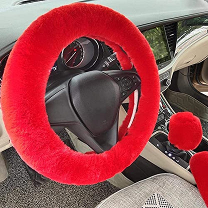 ZYNQACC 4PCS Set Fluffy Steering Wheel Covers with Handbrake Cover&Gear Shift Cover&Plush Keychain Faux Wool Furry Steering Wheel Cover for Women Auto Interior Universal Fit for 15 Inch (Red)