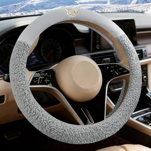 Gray Camellia Lambswool Steering Wheel Cover, for Universal Auto Steering Wheel 14.5-15 in, Lambswool Fabric, Anti-Slip, Soft Plush, Comforting and Luxurious, Embroidery Patterns, Soft Texture - color: Gray