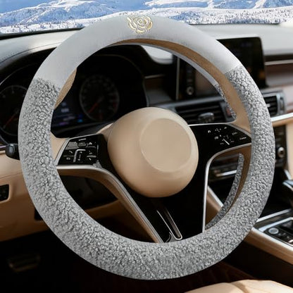 Gray Camellia Lambswool Steering Wheel Cover, for Universal Auto Steering Wheel 14.5-15 in, Lambswool Fabric, Anti-Slip, Soft Plush, Comforting and Luxurious, Embroidery Patterns, Soft Texture - color: Gray