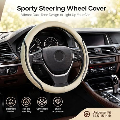 Car Steering Wheel Cover Beige, 14.5-15 inch Steering Wheel Covers with Coasters Microfiber Leather Carbon Fiber Breathable Anti-Slip Durable Universal Auto Steering Wheel Protective - color: beige, size: Medium