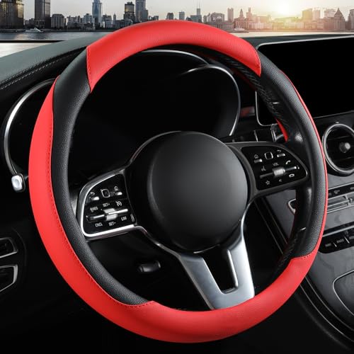 Car Steering Wheel Cover, Leather Steering Wheel Cover,Universal 15 inch Anti-Slip Comfortable Steering Wheel Covers Men Women (Red) - color: Red
