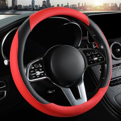 Car Steering Wheel Cover, Leather Steering Wheel Cover,Universal 15 inch Anti-Slip Comfortable Steering Wheel Covers Men Women (Red) - color: Red